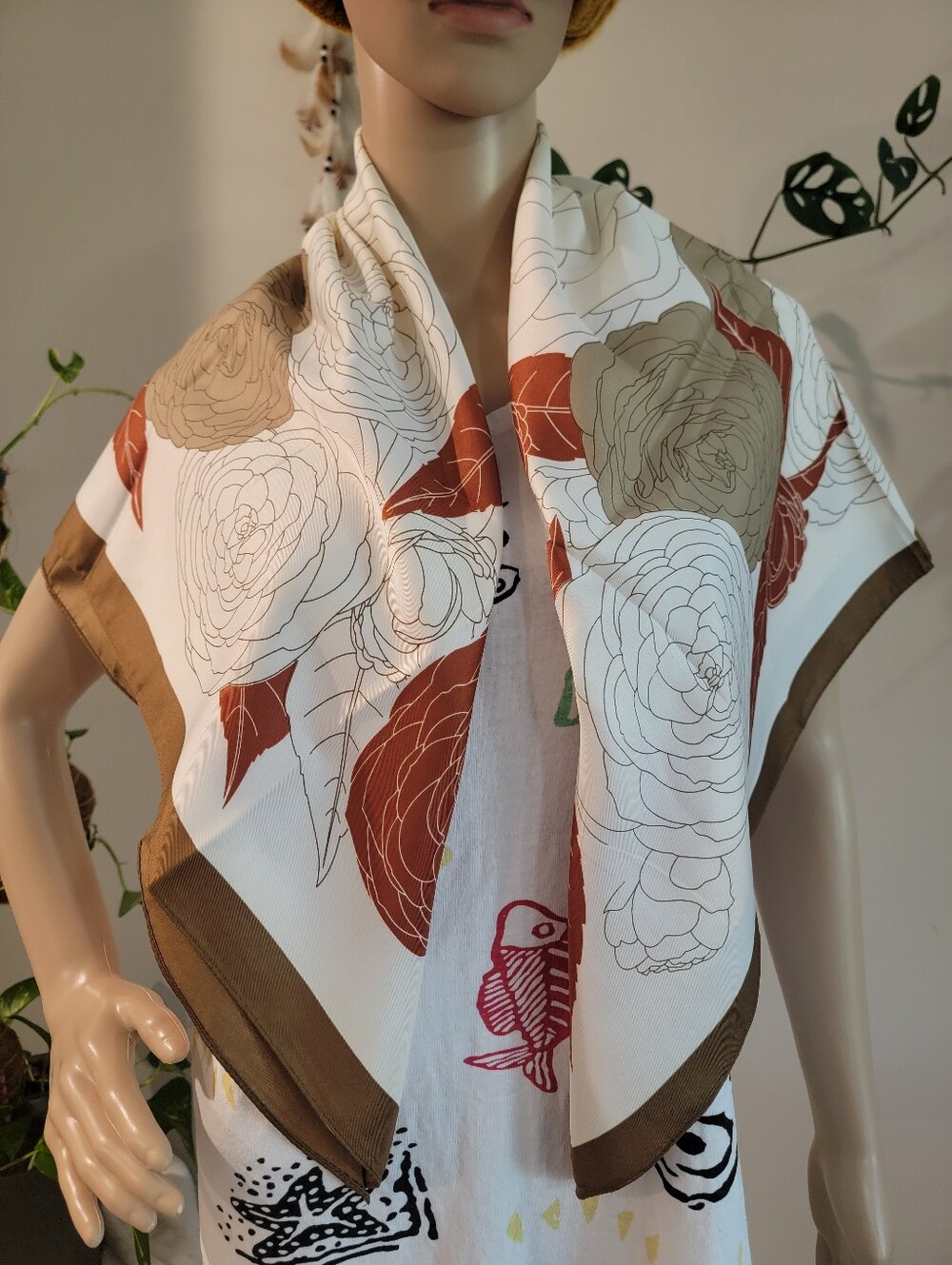 Elegant Floral Silk Scarf in Brown and Rust - Unbranded